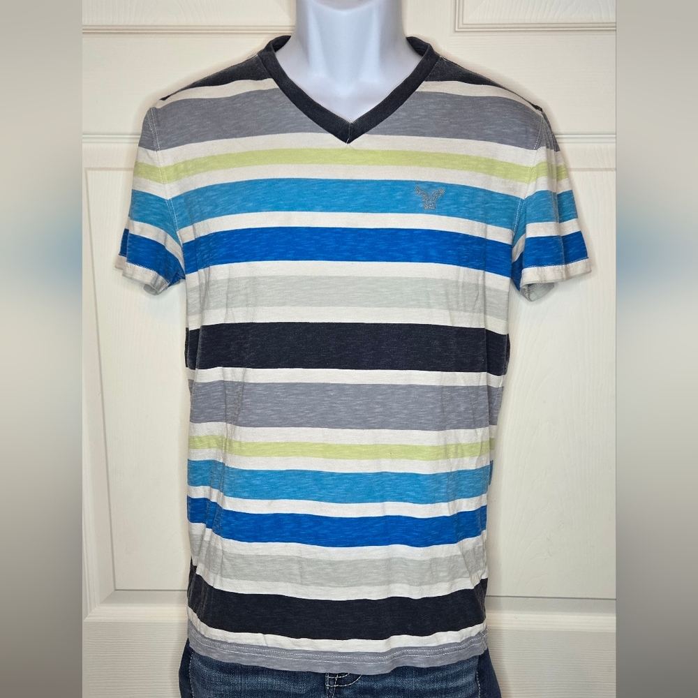 Men’s American Eagle Striped V-Neck Tee – Multicolor, Size Small (Athletic Fit)